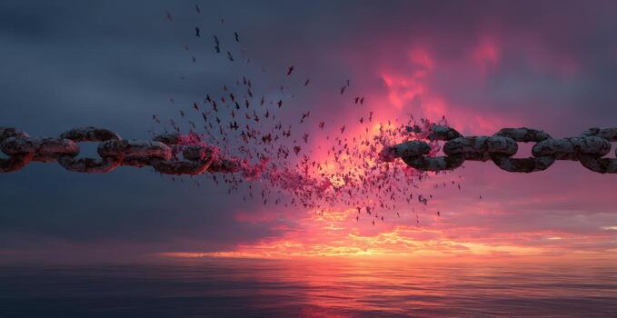 Broken chain with flying birds against a vibrant sunset sky, symbolizing freedom and transformation, creating a powerful visual narrative of liberation and hope photo
