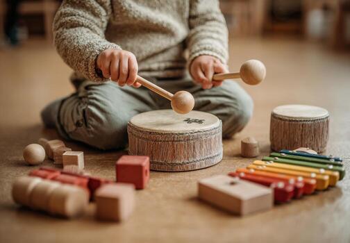 Young child with wooden drumsticks playing on small drums, surrounded by colorful musical instruments and building blocks, engaging in creative musical exploration photo