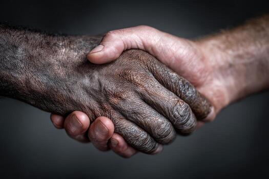 Close-up of two hands, one dark-skinned and one light-skinned, shaking in a gesture of unity and collaboration, symbolizing friendship and mutual respect in diverse communities photo