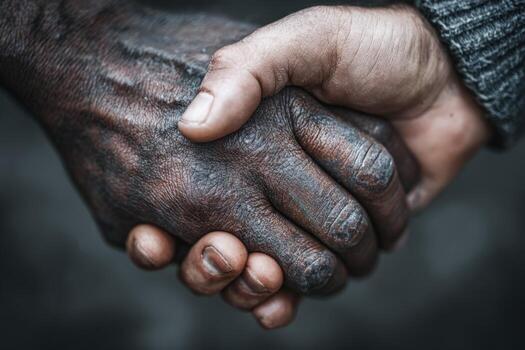 Two hands, one with dark skin and the other with light skin, clasped together in a gesture of unity, symbolizing friendship and connection between diverse individuals photo
