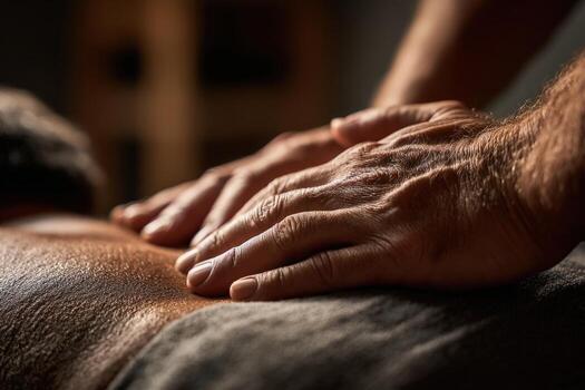 Close-up of skilled hands performing a therapeutic massage on a person's back, showcasing relaxation and wellness in a serene environment with soft lighting and calming atmosphere photo