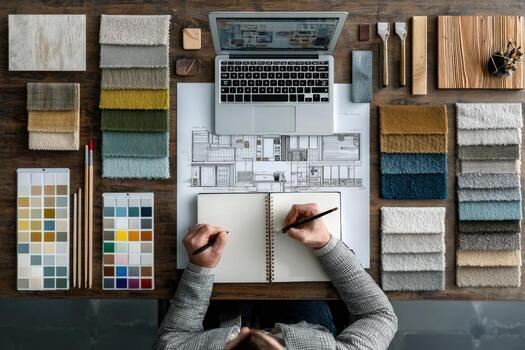 Designer working on interior project with color swatches, fabric samples, and laptop on wooden table, showcasing creativity and planning in a modern workspace photo