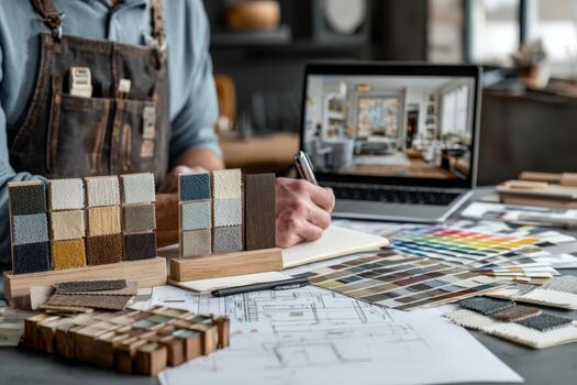 Male designer in an apron examines fabric swatches while sketching on a notepad, with a laptop displaying interior design ideas in a creative workspace photo