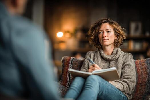 Young woman with curly hair, wearing a cozy sweater, is engaged in conversation while taking notes in a notebook, creating a warm and inviting atmosphere in a modern setting photo