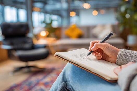 Female individual writing notes in a notebook while seated in a cozy, modern workspace with stylish furniture and warm lighting, capturing a moment of creativity and inspiration photo