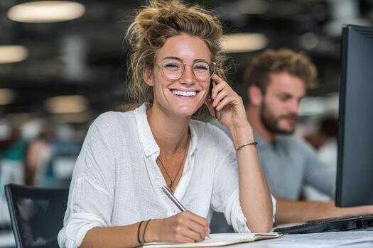 Smiling woman with glasses is engaged in a phone conversation while taking notes at a modern office desk, showcasing a collaborative and productive work environment photo