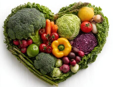 Fresh vegetables arranged in a heart shape, showcasing vibrant colors and textures, symbolizing health, love, and nutrition in a creative culinary presentation photo