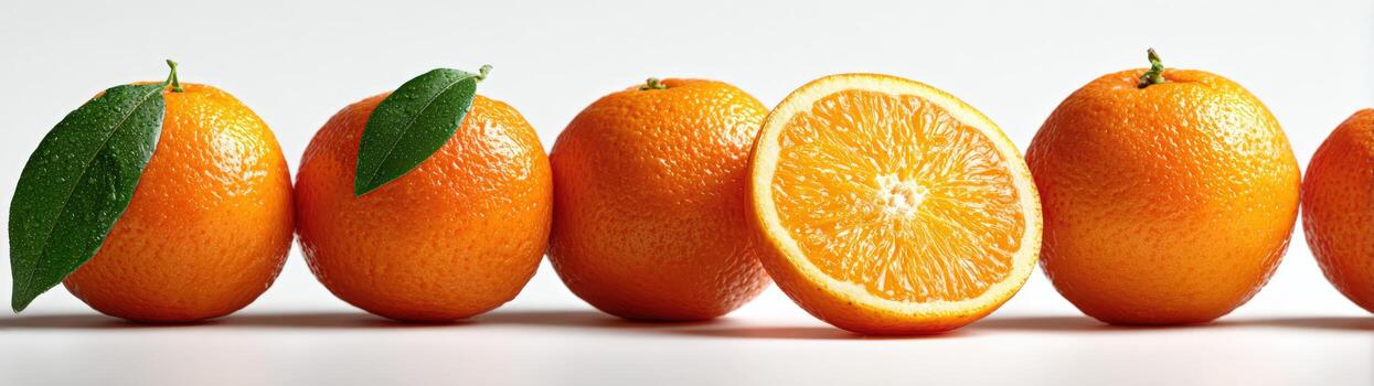 Fresh oranges arranged in a row with vibrant green leaves, showcasing a sliced orange revealing juicy segments, emphasizing freshness and healthy eating concept photo