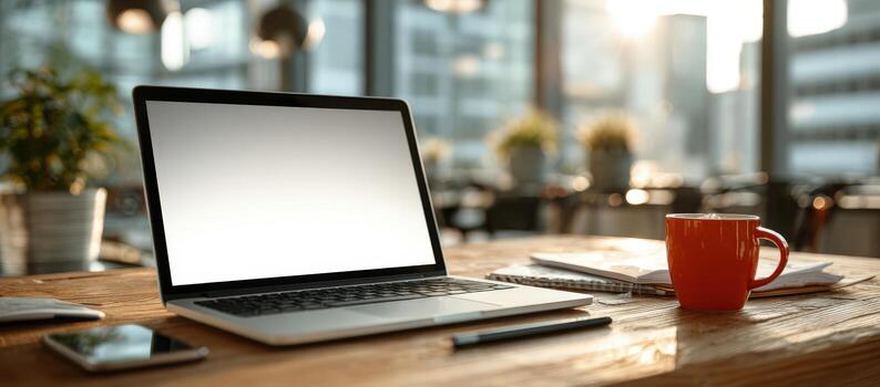 Laptop mock up with blank screen on wooden table in modern workspace, featuring coffee cup, notepad, and smartphone, ideal for design and creative projects photo