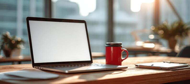 Laptop with blank screen on wooden table, accompanied by red coffee cup and notepad, in a bright workspace with large windows and plants, ideal for creative work and inspiration photo
