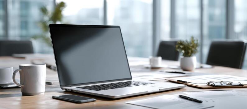 Modern laptop on wooden desk in bright office space, surrounded by coffee cups, stationery, and plants, creating a productive work environment with copy space photo