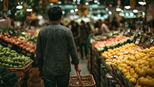 Man holding a wicker basket stands in a vibrant market filled with fresh fruits and vegetables, surrounded by colorful displays and shoppers, enjoying a lively shopping experience photo