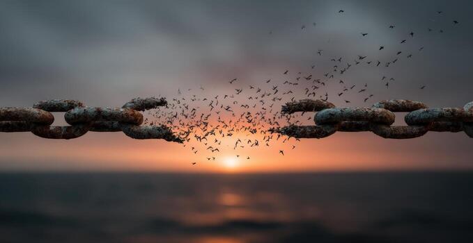 Rusty chain links breaking apart, releasing a swarm of tiny birds into the sunset sky, symbolizing freedom and transformation in a serene coastal environment photo