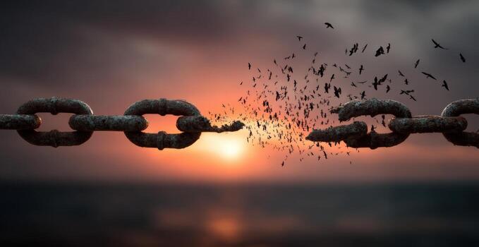 Broken chain releasing birds into the sky at sunset, symbolizing freedom and transformation, with dramatic clouds and warm colors enhancing the scene's emotional impact photo