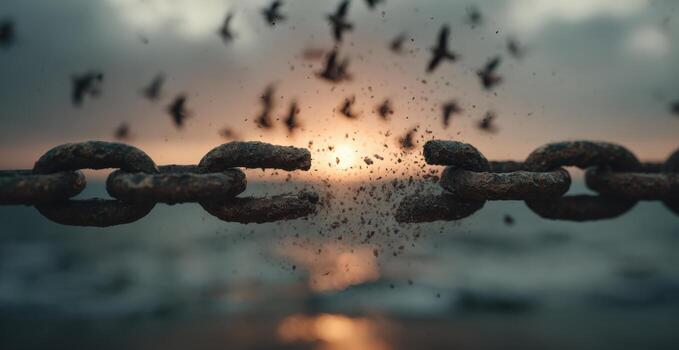 Rusty chain breaking apart as birds take flight against a dramatic sunset, symbolizing freedom and transformation in a serene coastal environment photo