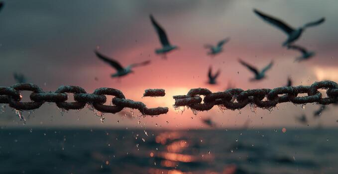 Chain links suspended over water, with birds flying in the background, capturing the essence of freedom and connection in a serene coastal environment at sunset photo
