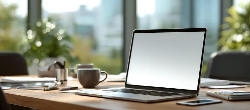 Modern laptop with blank screen on wooden desk in bright office space, surrounded by plants and stationery, creating a productive work environment with copy space photo