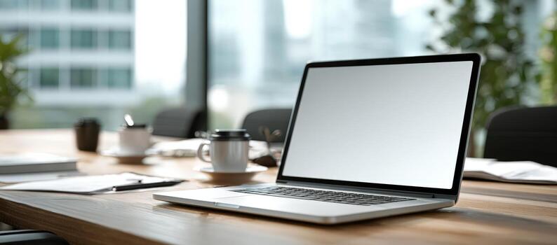 Laptop mock up with blank screen on wooden table in modern office setting, surrounded by coffee cup and stationery, ideal for design presentations and digital projects photo