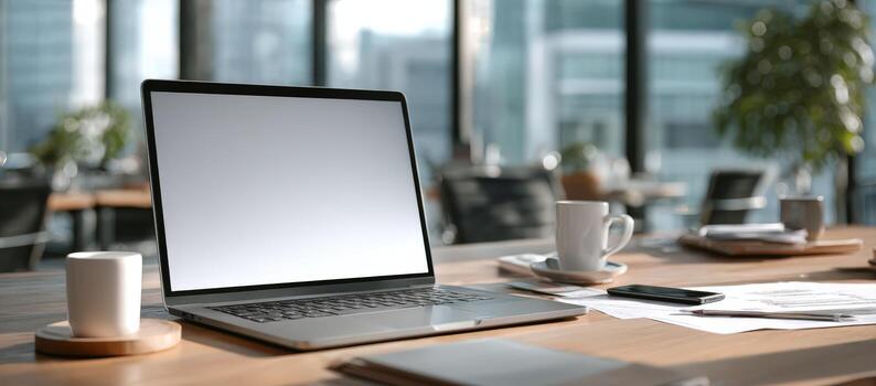 Modern workspace featuring a laptop with blank screen, coffee cups, and documents on a wooden table, creating an inviting atmosphere for productivity and creativity photo