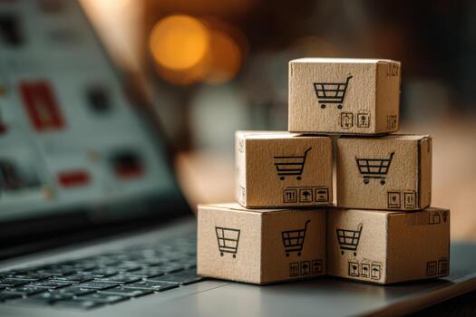 Stacked cardboard boxes with shopping cart icons are placed on a laptop keyboard, symbolizing online shopping, e-commerce, and digital retail experiences in a modern workspace photo
