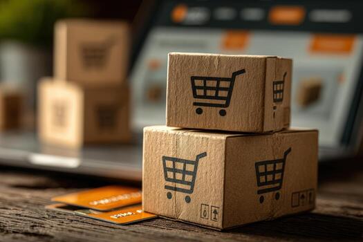 Stacked wooden boxes with shopping cart icons are placed on a rustic wooden table, with a blurred laptop screen displaying an online shopping interface in the background photo