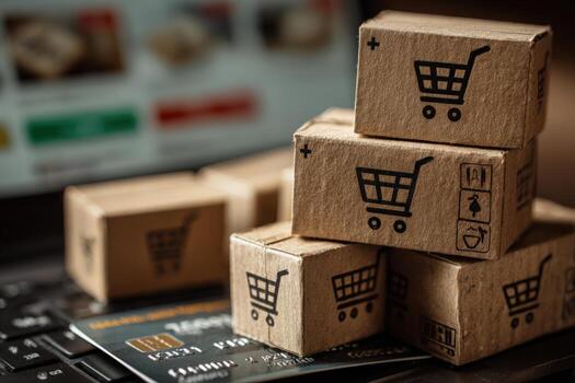 Stacked cardboard boxes with shopping cart icons are placed on a laptop keyboard, alongside a credit card, representing online shopping and e-commerce concepts in a modern workspace photo