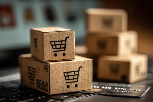 Small cardboard boxes with shopping cart icons are stacked on a laptop keyboard, symbolizing online shopping, e-commerce, and digital transactions in a modern retail environment photo