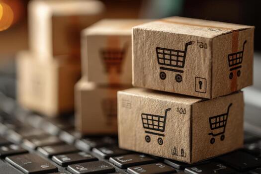 Small cardboard boxes with shopping cart icons are stacked on a keyboard, symbolizing online shopping, e-commerce, and digital transactions in a modern workspace environment photo