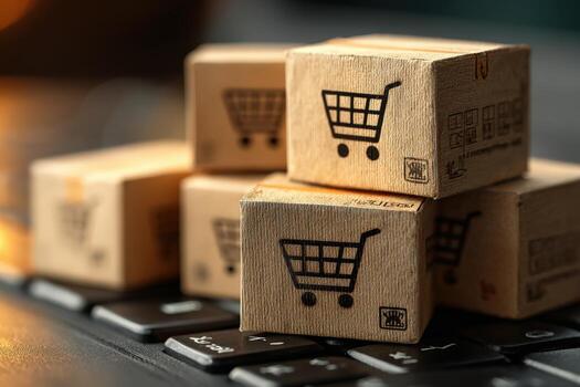 Stacked miniature cardboard boxes with shopping cart icons on a keyboard, representing online shopping, e-commerce, and digital retail concepts in a modern workspace environment photo
