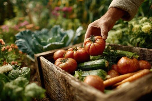 Hand of a gardener selecting ripe tomatoes from a rustic wooden crate filled with fresh vegetables, surrounded by vibrant greenery and colorful flowers in a lush garden setting photo