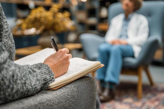 Therapist in white coat listens attentively to patient seated in cozy armchair, while taking notes in a notebook, creating a warm and inviting counseling atmosphere photo
