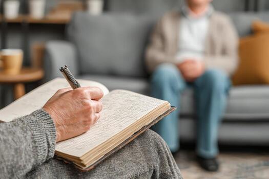 Elderly man seated on a couch, while a therapist writes notes in a notebook, creating a warm and inviting atmosphere for a counseling session photo