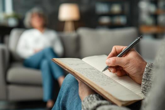 Individual writing notes in a notebook while seated on a couch, with a blurred figure in the background, creating a serene atmosphere for reflection and conversation photo