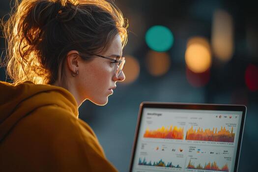 Young woman with glasses, focused on laptop screen displaying colorful data visualizations, illuminated by soft evening light, showcasing analytical work in a modern urban setting photo