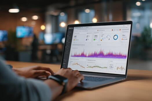 Individual analyzing data on a laptop in a modern office environment, showcasing vibrant graphs and charts on the screen, emphasizing digital analytics and productivity photo