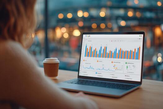 Female professional analyzing data on laptop, with colorful graphs displayed on screen, in a cozy cafe environment, showcasing modern work and digital analytics photo