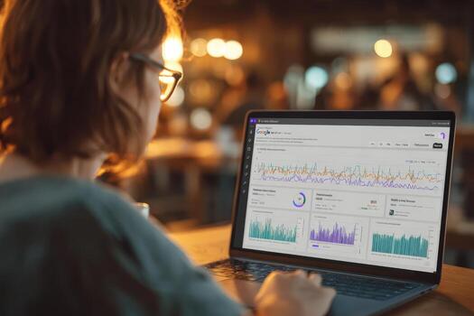 Female professional analyzing data on laptop in a modern workspace, surrounded by warm lighting and a vibrant atmosphere, showcasing digital marketing insights and analytics photo