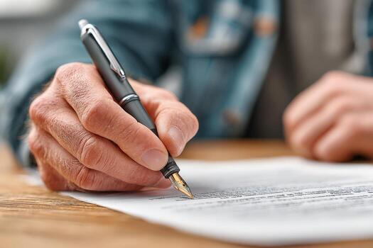 Close-up of a male hand holding a fountain pen, writing on a document placed on a wooden table, showcasing the act of signing important papers with focus and precision photo
