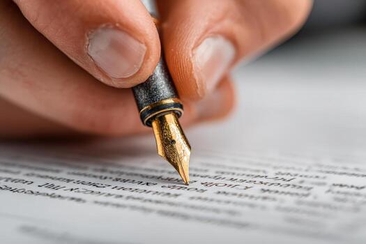 Close-up of a hand holding a fountain pen, poised above a sheet of paper, capturing the essence of writing, creativity, and the art of expression in a professional setting photo