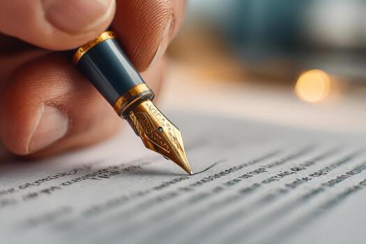 Close-up of a hand holding a fountain pen, poised above a sheet of paper, capturing the essence of writing, creativity, and the art of communication in a serene environment photo
