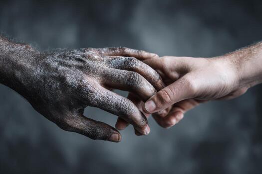 Two hands reaching out to each other, one hand with dark skin covered in dust, symbolizing connection, unity, and the human experience in a textured, dramatic setting photo
