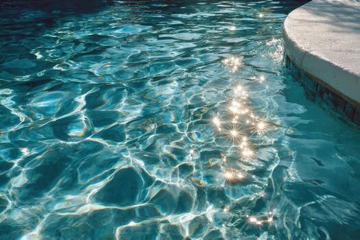 Clear turquoise water in a swimming pool reflects sunlight, creating sparkling patterns on the surface, inviting relaxation and enjoyment in a serene outdoor environment photo