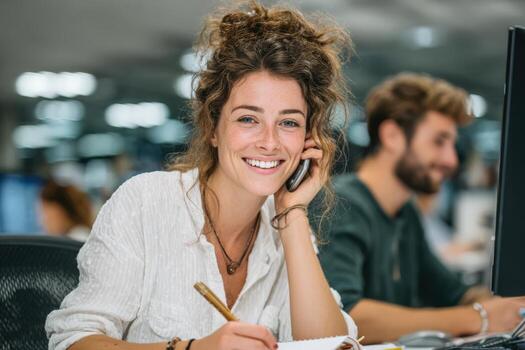 Young woman with curly hair is smiling while talking on the phone, taking notes in a notebook, in a modern office environment with colleagues working in the background photo