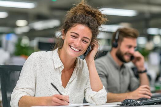 Smiling woman with curly hair, engaged in a phone conversation while taking notes at a modern office desk, showcasing a collaborative and productive work environment photo