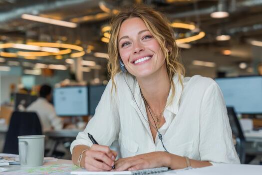 Smiling woman with wavy hair is sitting at a desk in a modern office, writing notes in a notebook, surrounded by technology and a collaborative workspace atmosphere photo