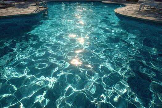 Crystal clear swimming pool water reflecting sunlight, creating mesmerizing patterns on the surface, surrounded by a stone deck and inviting lounge chairs for relaxation and leisure photo