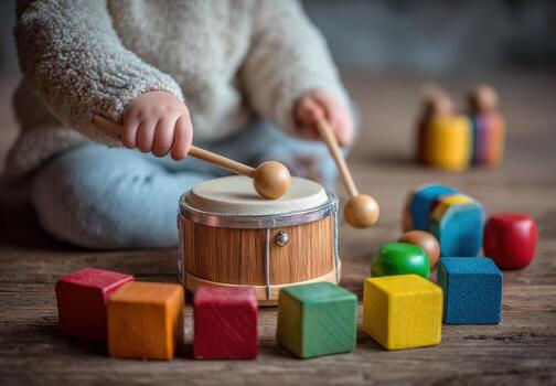 Young child playing with a wooden drum, using sticks to create rhythm, surrounded by colorful building blocks on a rustic wooden floor, showcasing early musical exploration photo