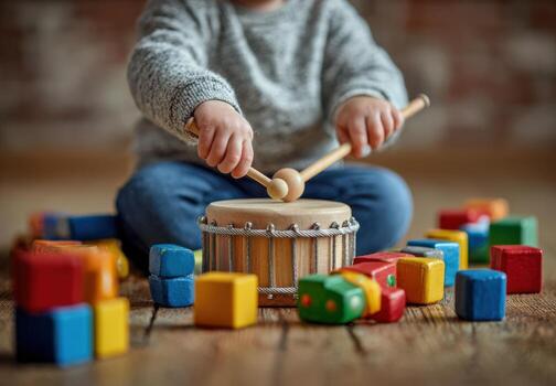 Young child playing with a small wooden drum, using drumsticks, surrounded by colorful building blocks on a wooden floor, showcasing creativity and joy in music photo