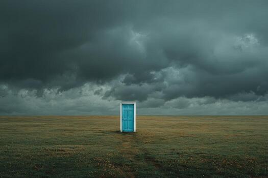 Isolated blue door standing in a vast open field under dramatic stormy clouds, symbolizing opportunity and transition in a surreal landscape photo