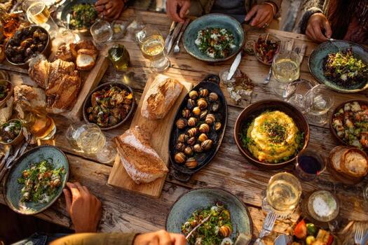 Group of diverse individuals enjoying a vibrant outdoor dining experience with an array of delicious dishes, showcasing a communal feast and warm atmosphere photo